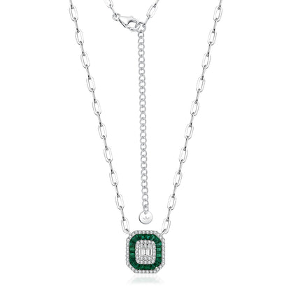 Rhodium Plated Sterling Silver Colored Baguette Emerald Cut Necklace