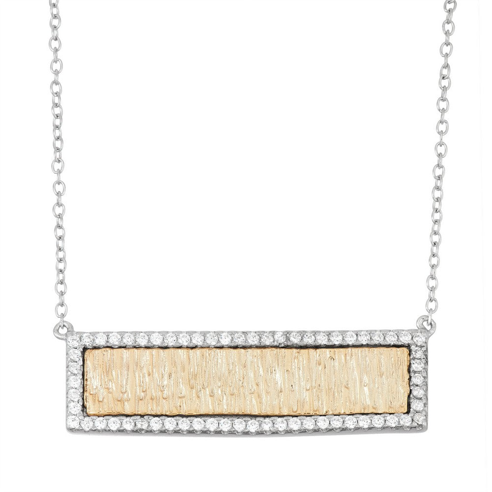 Sterling Silver Bar with CZ Border Necklace - HK Jewels