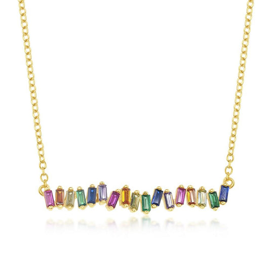 Sterling Silver Colorful Baguette Bar Necklace - HK Jewels