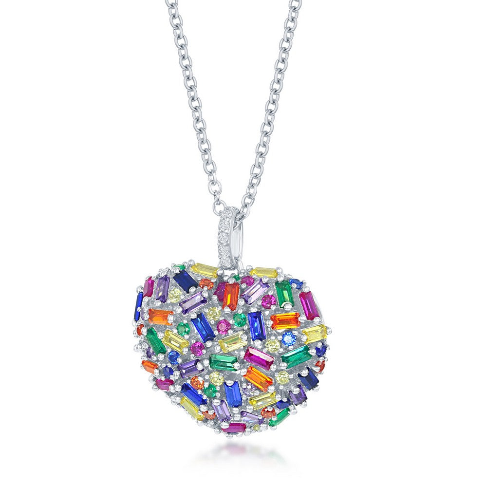 Sterling Silver Rainbow Baguette CZ Puffed Heart Necklace - HK Jewels