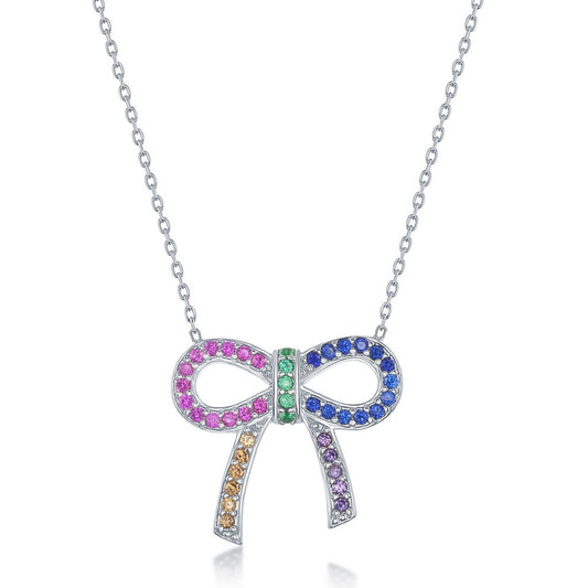 Sterling Silver Rainbow CZ Bow Knot Necklace - HK Jewels