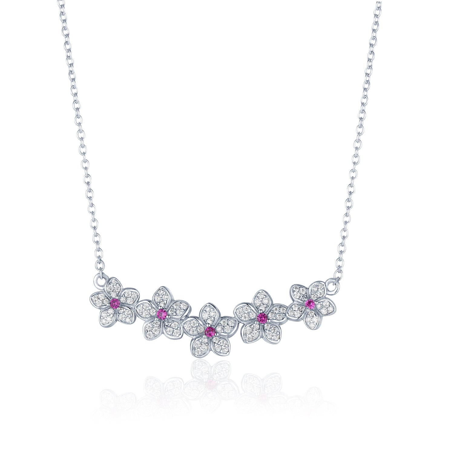 Sterling Silver Five Flower With Center Ruby CZ Necklace - HK Jewels