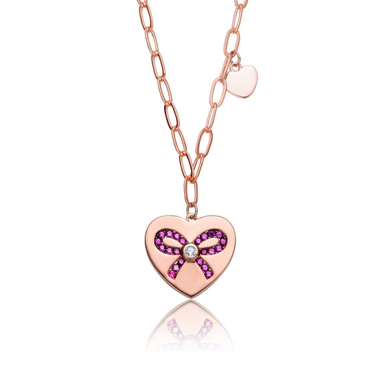 Sterling Silver with Rose Gold Plated Heart Paper Clip Chains Necklace - HK Jewels