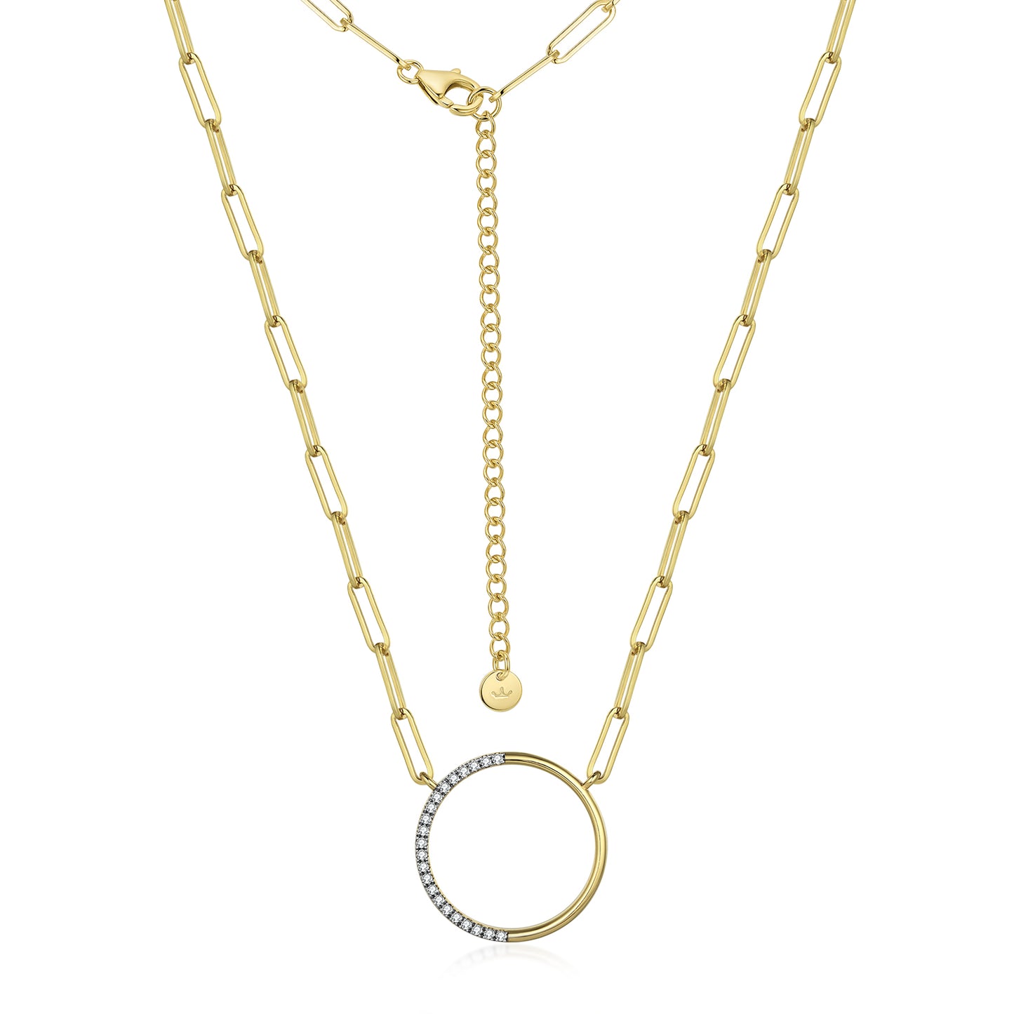 Gold Plated Sterling Silver Half CZ Circle Pendant Necklace on Paperclip Chain