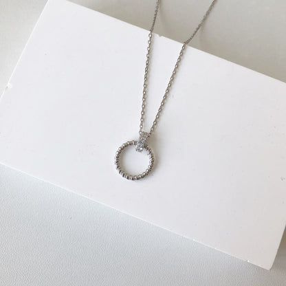 Sterling Silver CZ Rondelle and Textured Circle Pendant Necklace - HK Jewels