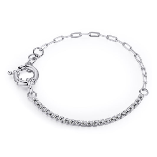 Sterling Silver Half Tennis Half Paperclip Adjustable Bracelet - HK Jewels