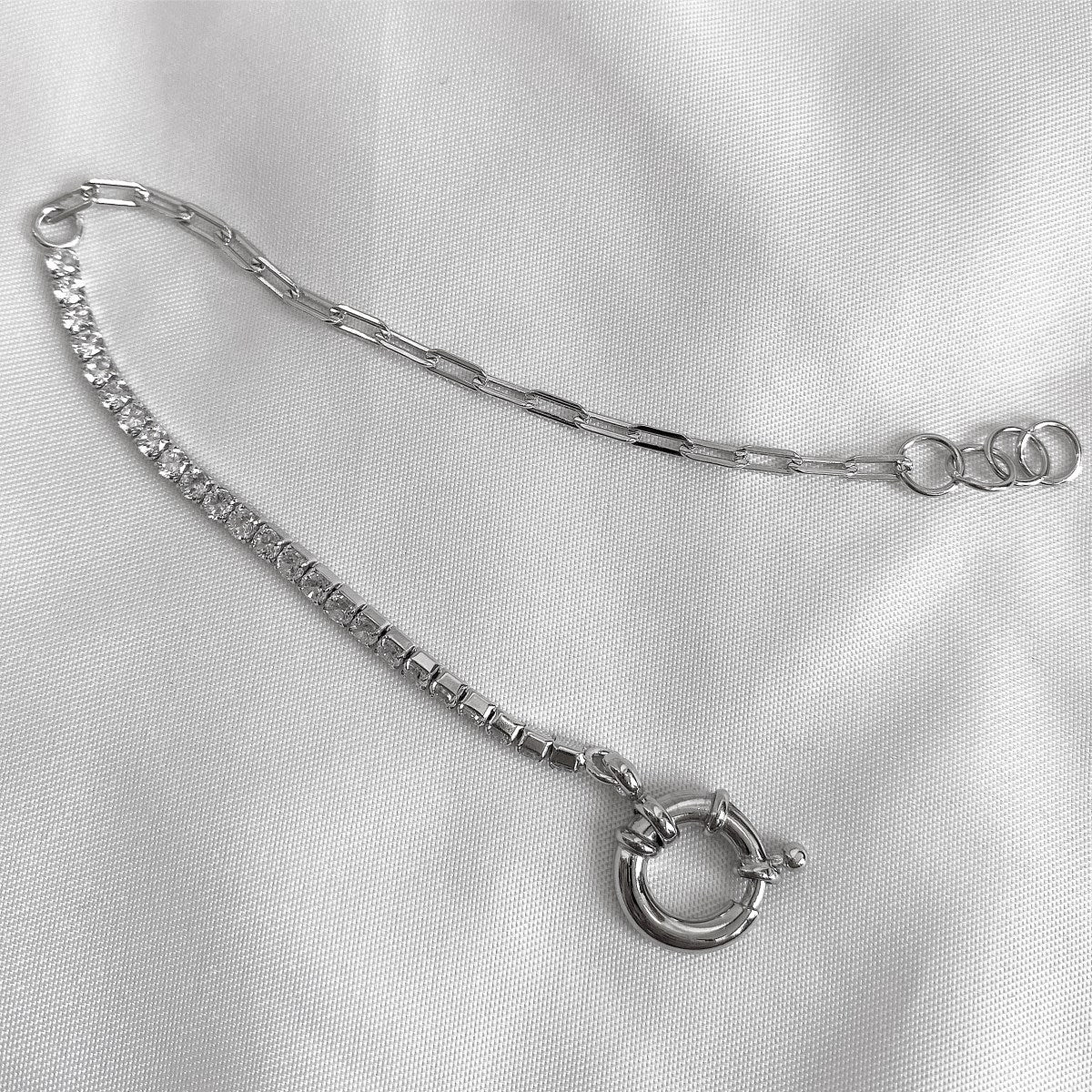 Sterling Silver Half Tennis Half Paperclip Adjustable Bracelet - HK Jewels