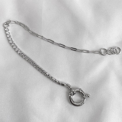 Sterling Silver Half Tennis Half Paperclip Adjustable Bracelet - HK Jewels