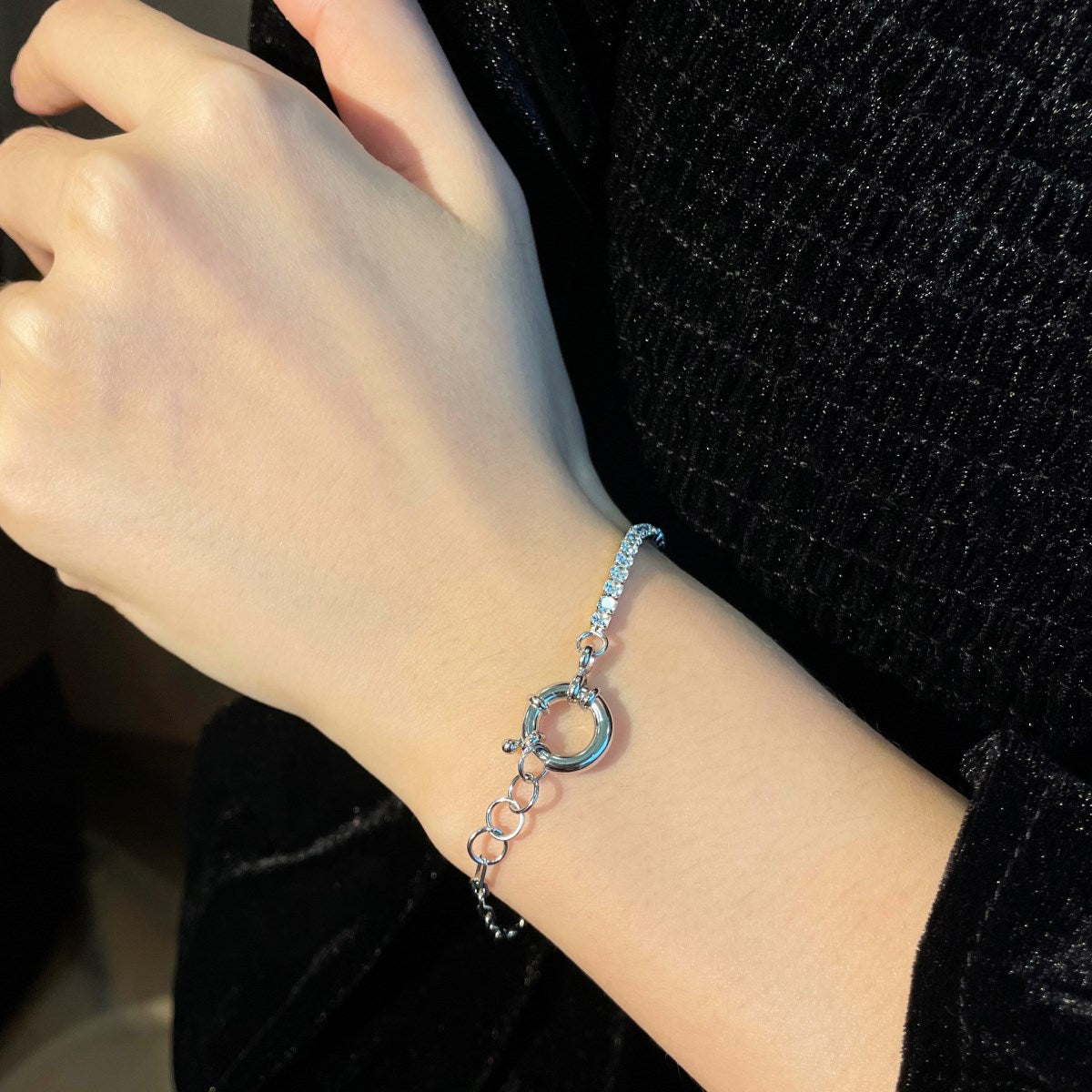 Sterling Silver Half Tennis Half Paperclip Adjustable Bracelet - HK Jewels