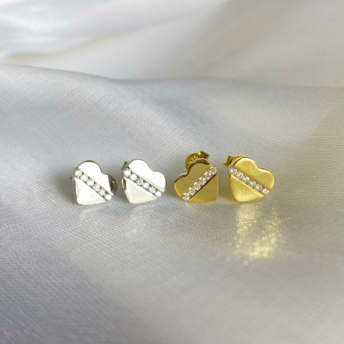 Sterling Silver CZ Stripe Heart Stud Earrings - HK Jewels