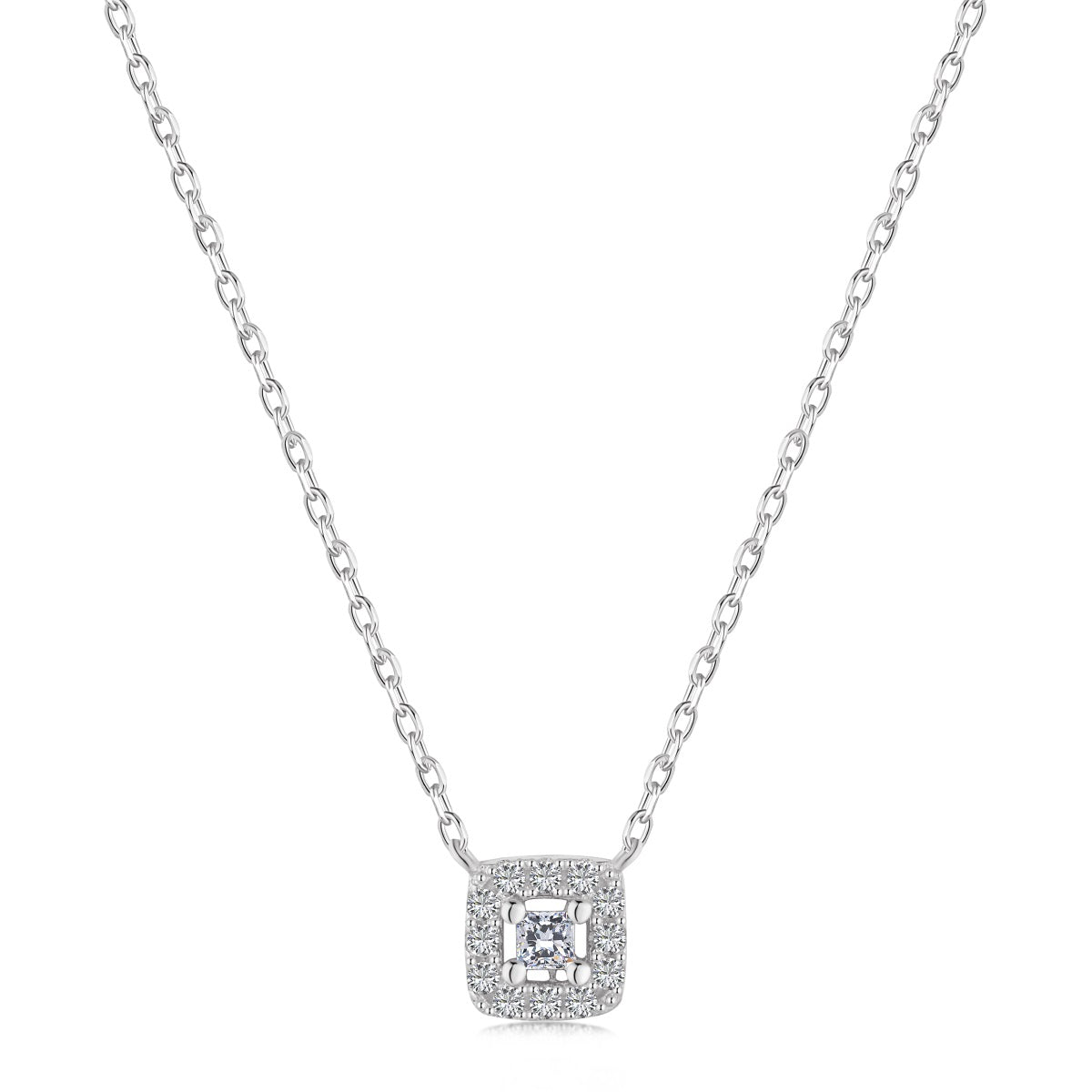 Sterling Silver Cushion Shaped Halo Necklace - HK Jewels