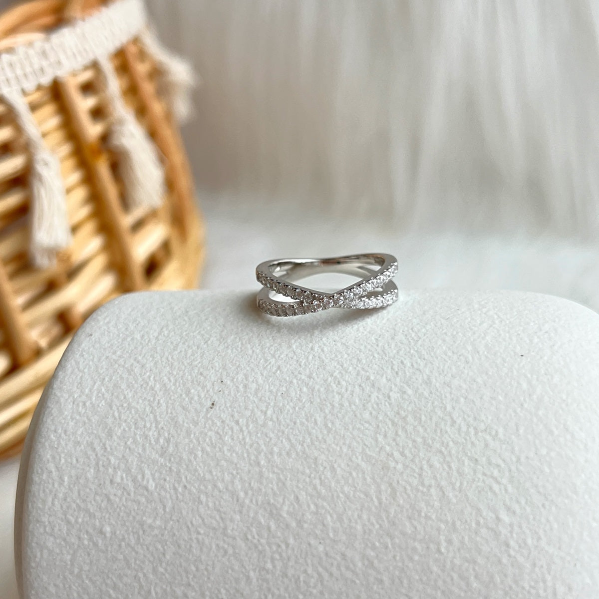Sterling Silver Crossover Micropave Ring - HK Jewels