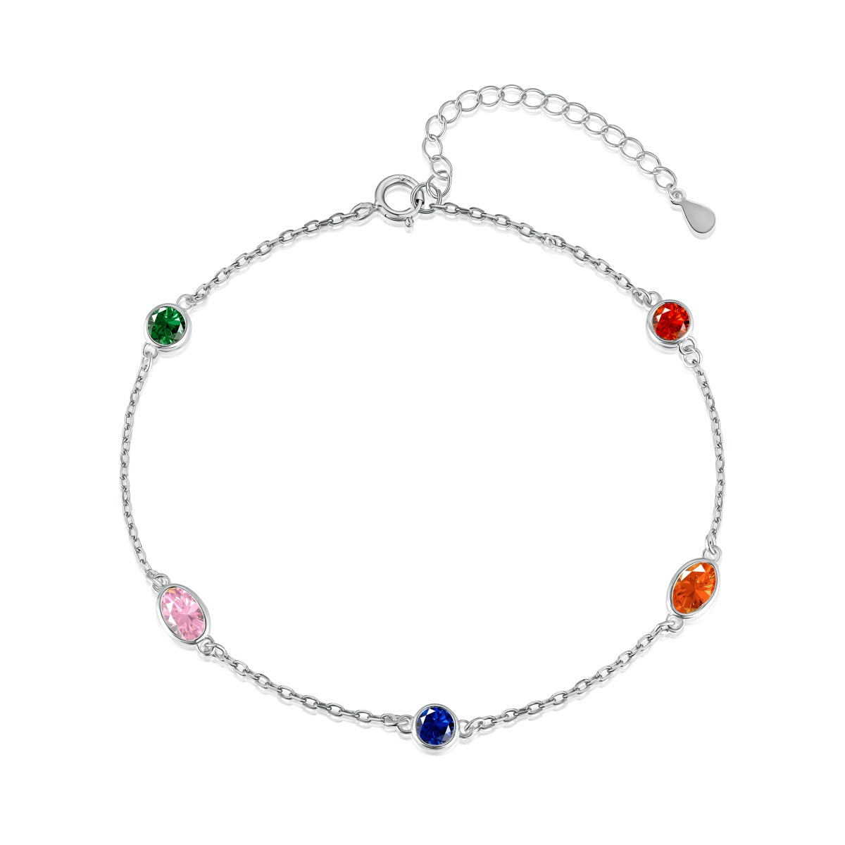 Sterling Silver Colorful Bezel Set Round and Oval Stones Adjustable Bracelet - HK Jewels