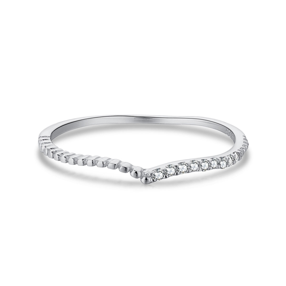 Sterling Silver V Shaped Half Micropave Stacking Ring - HK Jewels