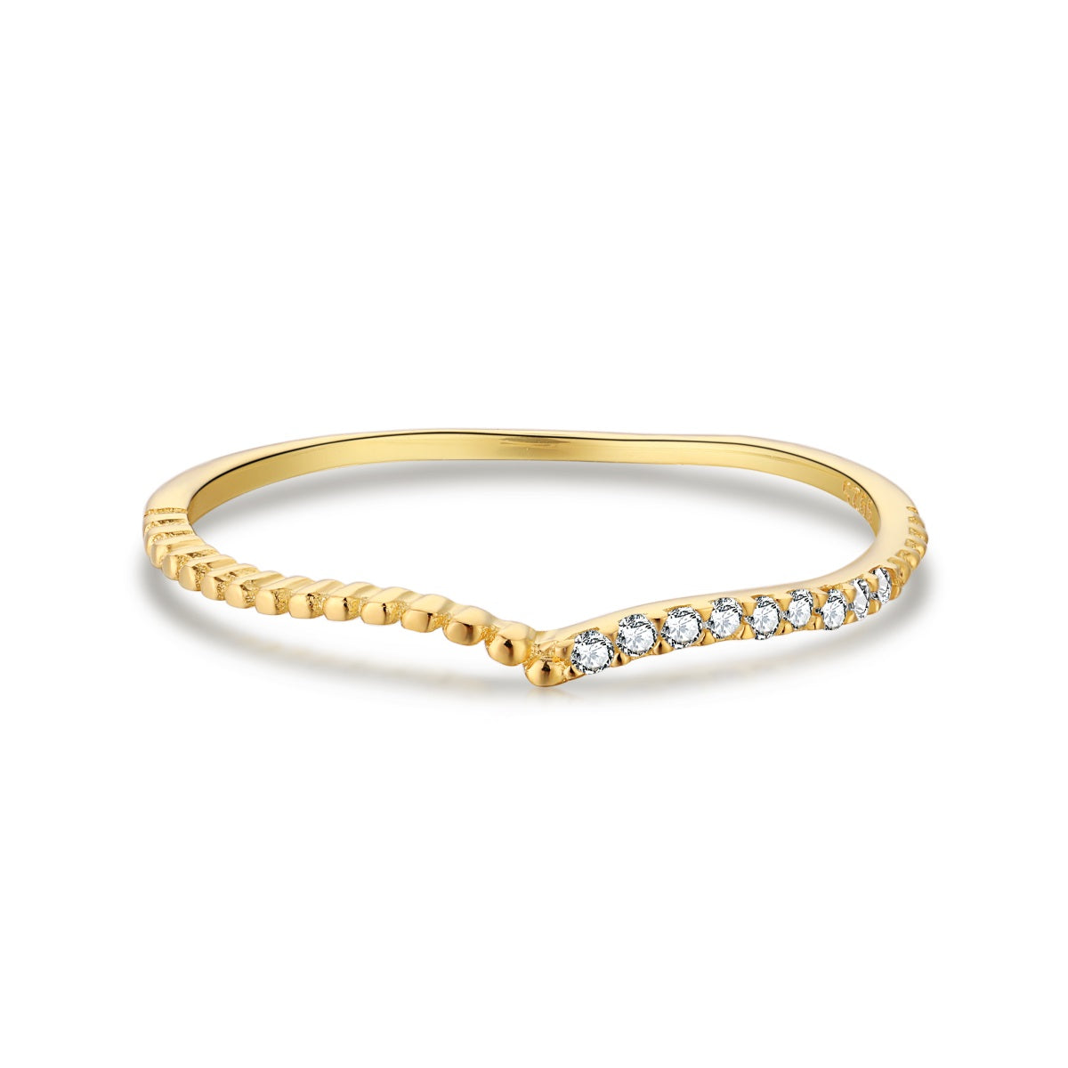 Sterling Silver V Shaped Half Micropave Stacking Ring - HK Jewels