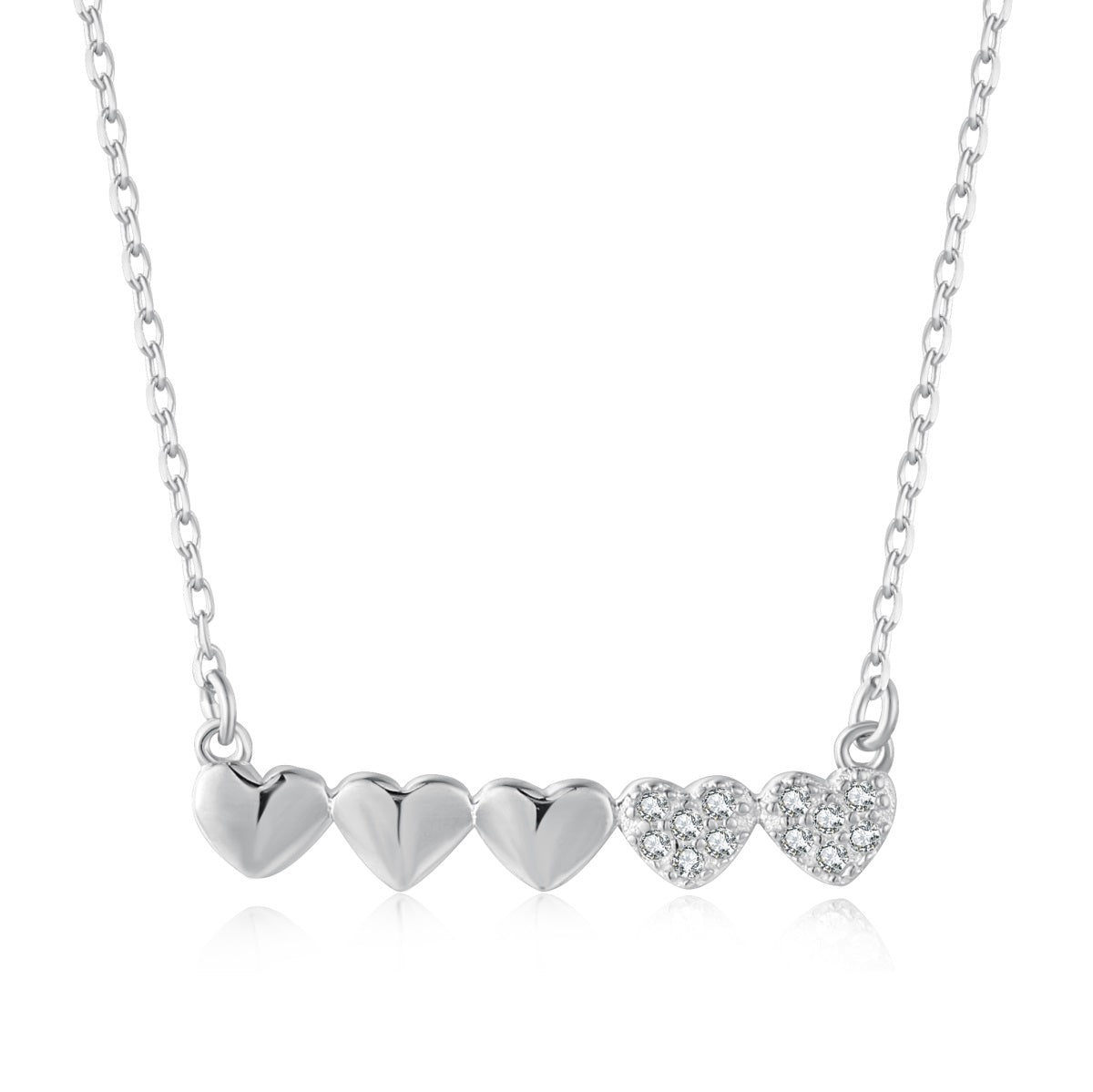Sterling Silver CZ Small Five Heart Bar Necklace - HK Jewels