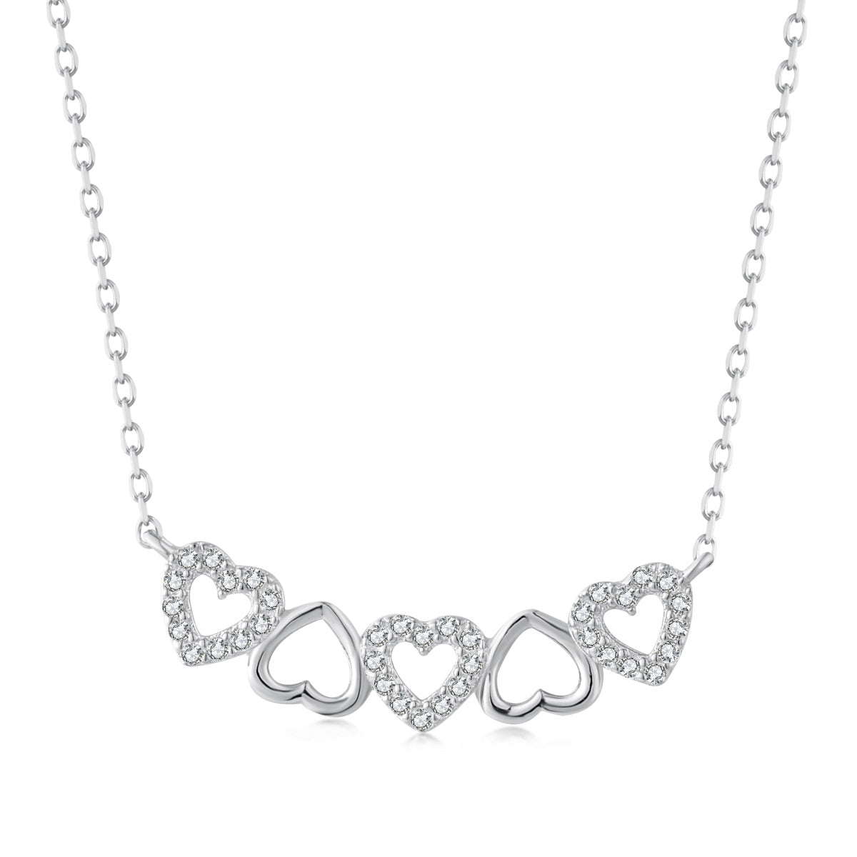 Sterling Silver CZ Five Heart Bar Necklace - HK Jewels