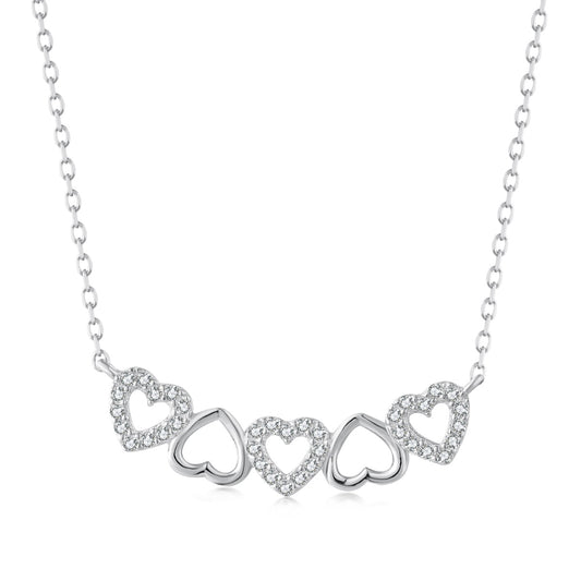 Sterling Silver CZ Five Heart Bar Necklace - HK Jewels