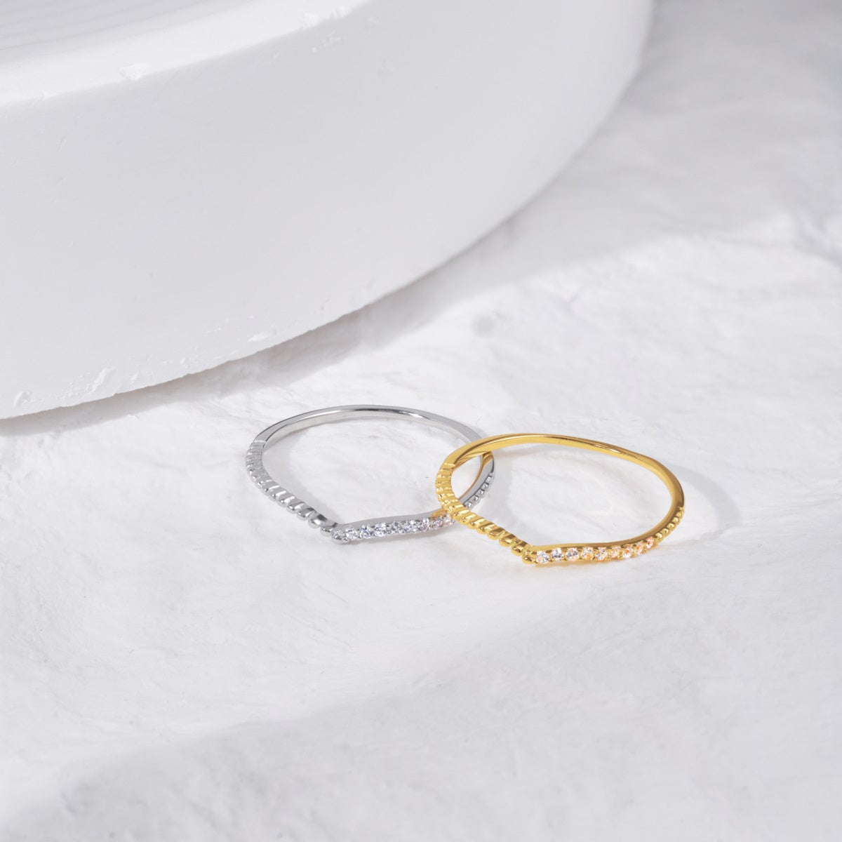 Sterling Silver V Shaped Half Micropave Stacking Ring - HK Jewels