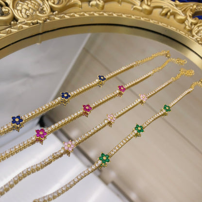 Sterling Silver Colorful Tennis Flower Bracelet - HK Jewels