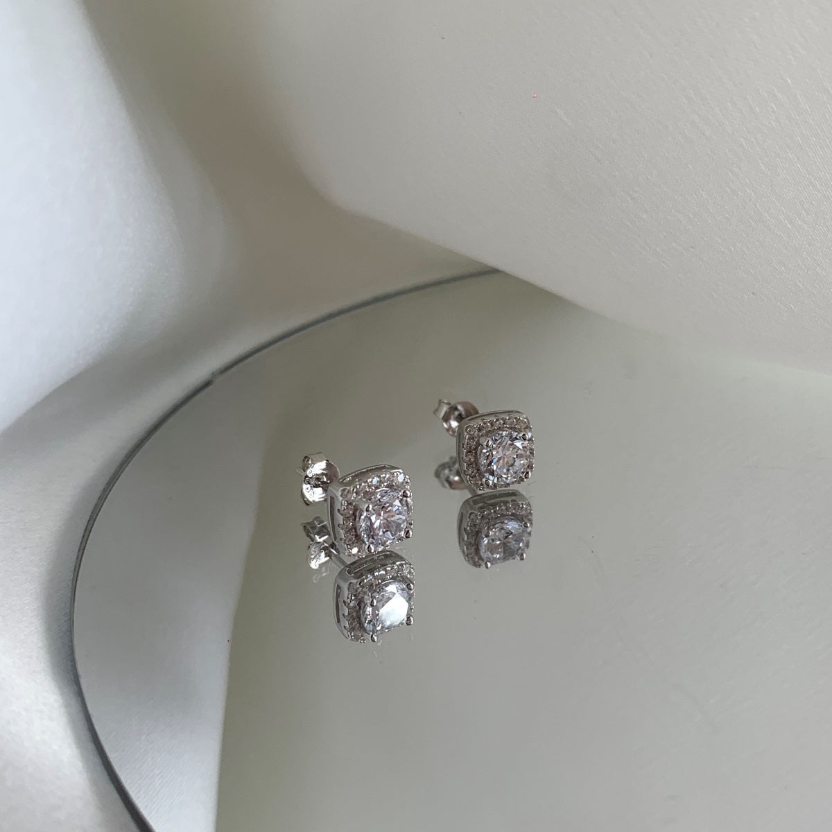 Sterling Silver Cushion Shaped Halo Stud Earrings - HK Jewels