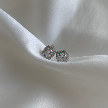 Sterling Silver Cushion Shaped Halo Stud Earrings - HK Jewels