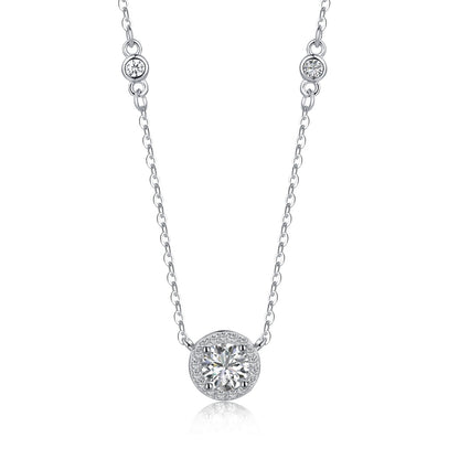 Sterling Silver Solitaire Necklace with CZ Border and and Side CZs - HK Jewels