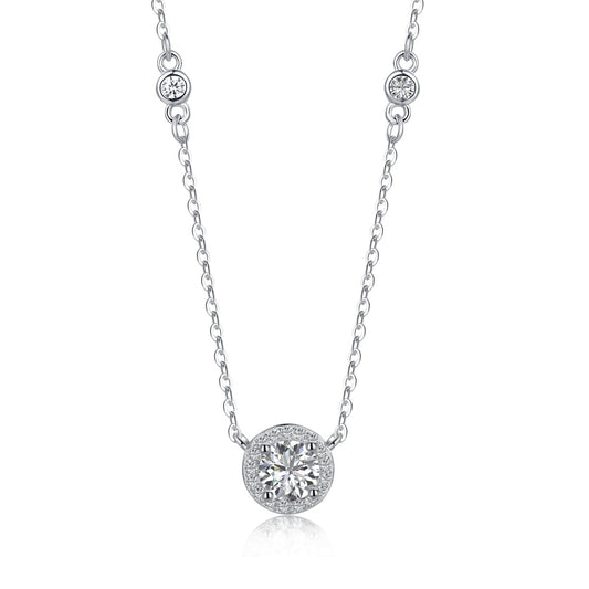 Sterling Silver Solitaire Necklace with CZ Border and and Side CZs - HK Jewels