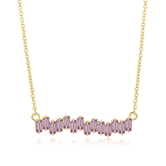 Yellow Gold Plated Sterling Silver Pink CZ Baguette Bar Necklace - HK Jewels