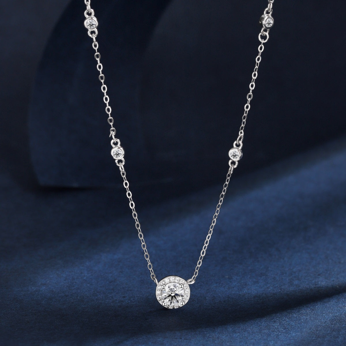 Sterling Silver Solitaire Necklace with CZ Border and and Side CZs - HK Jewels