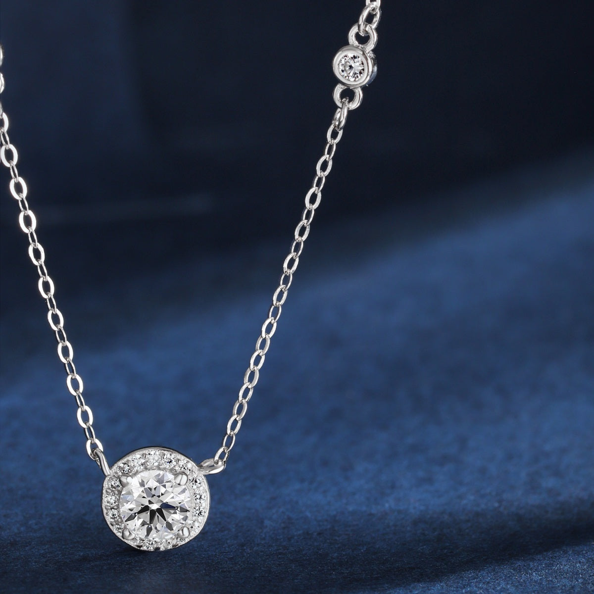 Sterling Silver Solitaire Necklace with CZ Border and and Side CZs - HK Jewels