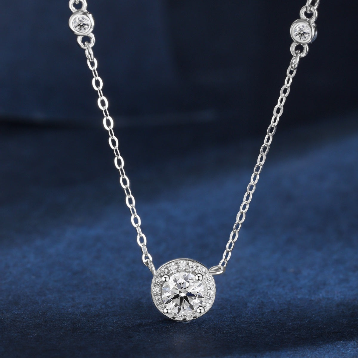 Sterling Silver Solitaire Necklace with CZ Border and and Side CZs - HK Jewels