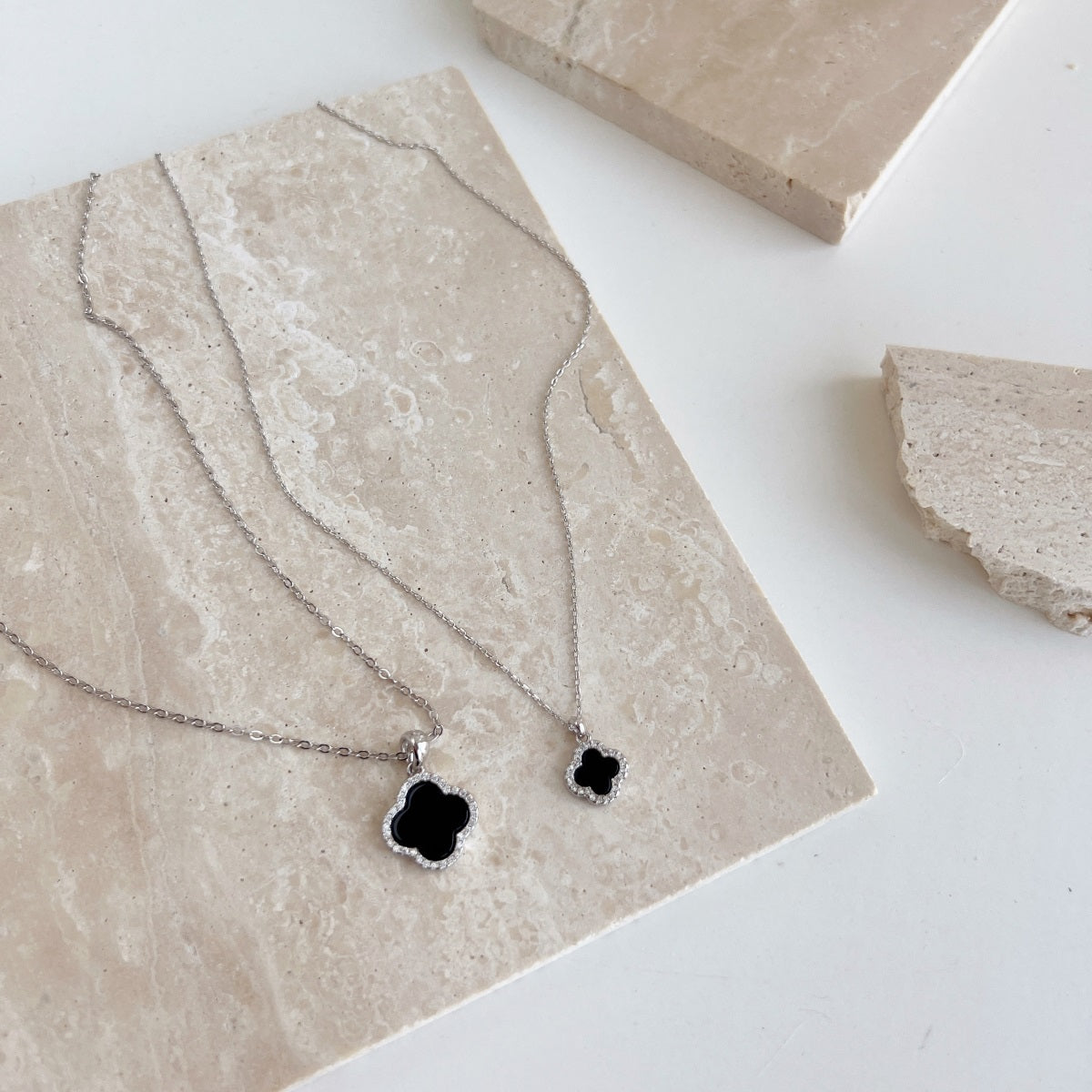 Sterling Silver Black Onyx Clover Necklace with CZ Border - HK Jewels