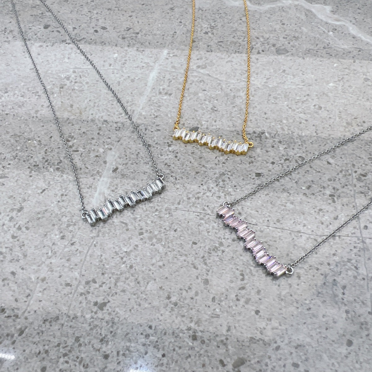 Yellow Gold Plated Sterling Silver Pink CZ Baguette Bar Necklace - HK Jewels