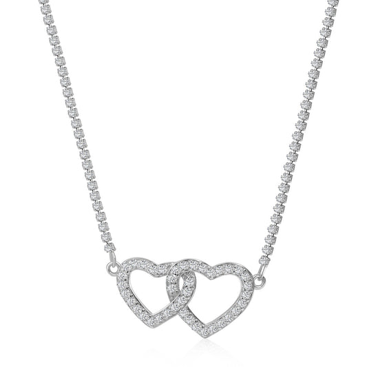 Sterling Silver Double Interlocking Micropave Heart Necklace - HK Jewels