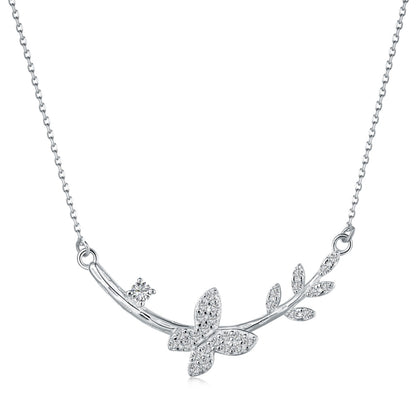 Sterling Silver Butterfly and Floral Design Bar Necklace - HK Jewels