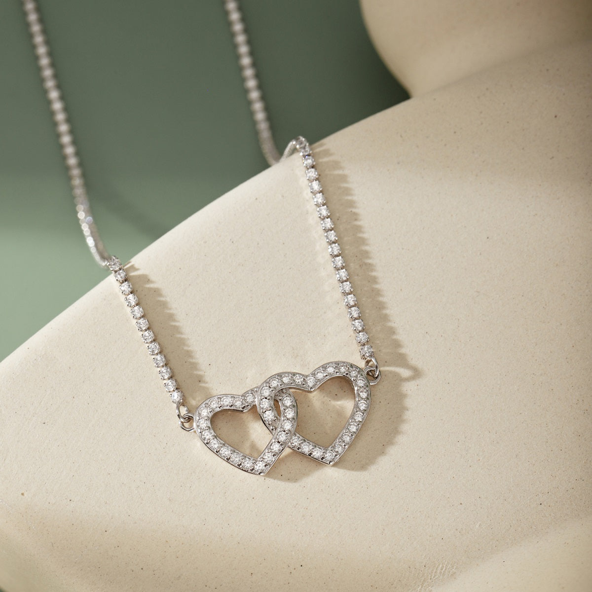 Sterling Silver Double Interlocking Micropave Heart Necklace - HK Jewels