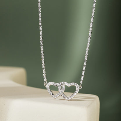 Sterling Silver Double Interlocking Micropave Heart Necklace - HK Jewels