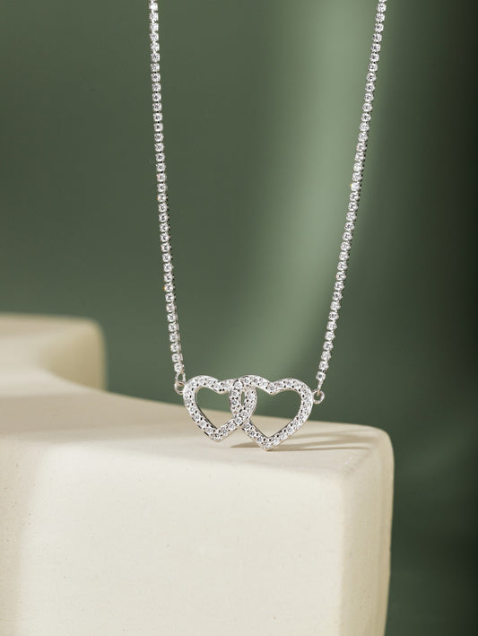 Sterling Silver Double Interlocking Micropave Heart Necklace - HK Jewels