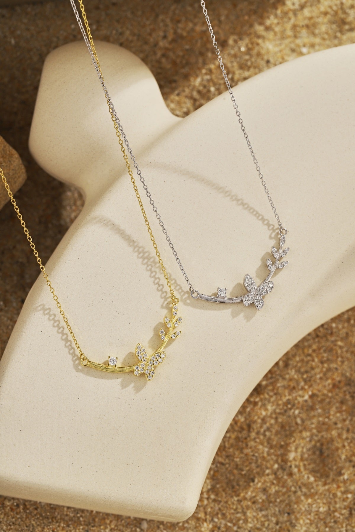 Sterling Silver Butterfly and Floral Design Bar Necklace - HK Jewels