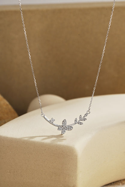 Sterling Silver Butterfly and Floral Design Bar Necklace - HK Jewels