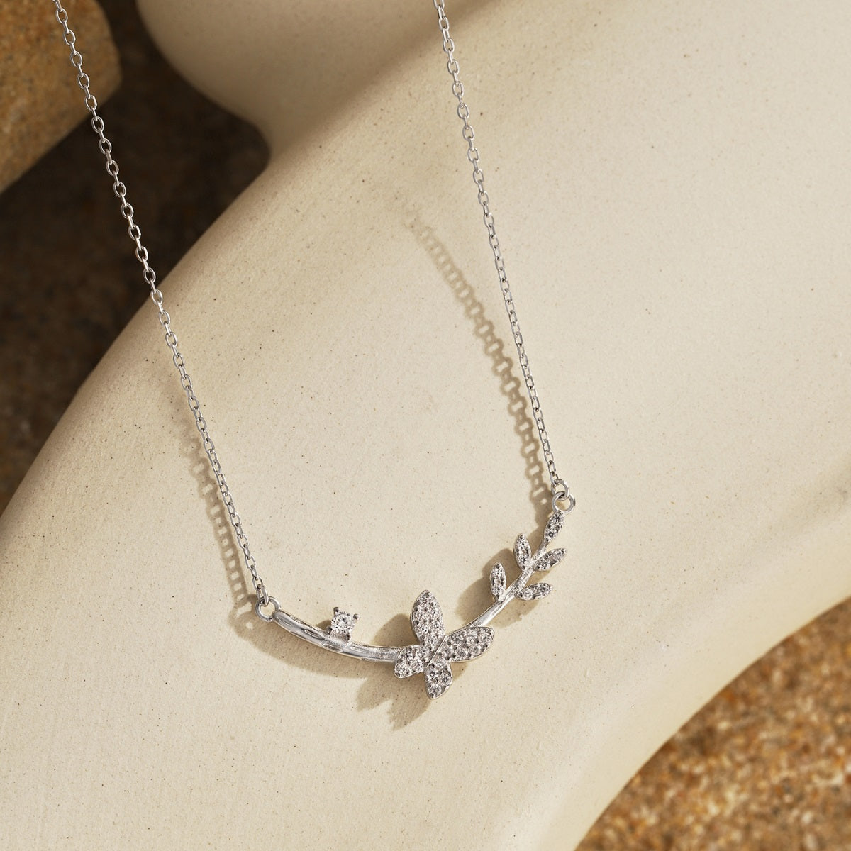 Sterling Silver Butterfly and Floral Design Bar Necklace - HK Jewels