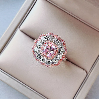 Sterling Silver Cushion Shaped Center Pink and Clear CZ Ring - HK Jewels