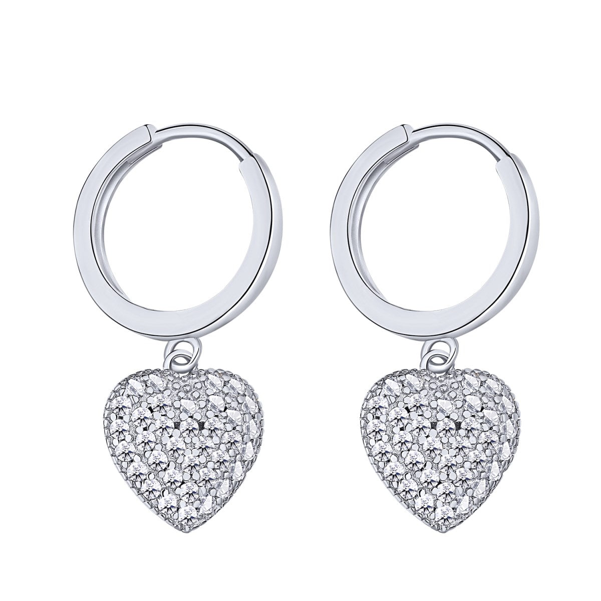 Sterling Silver Hanging Puffy Micropave Heart Earrings - HK Jewels