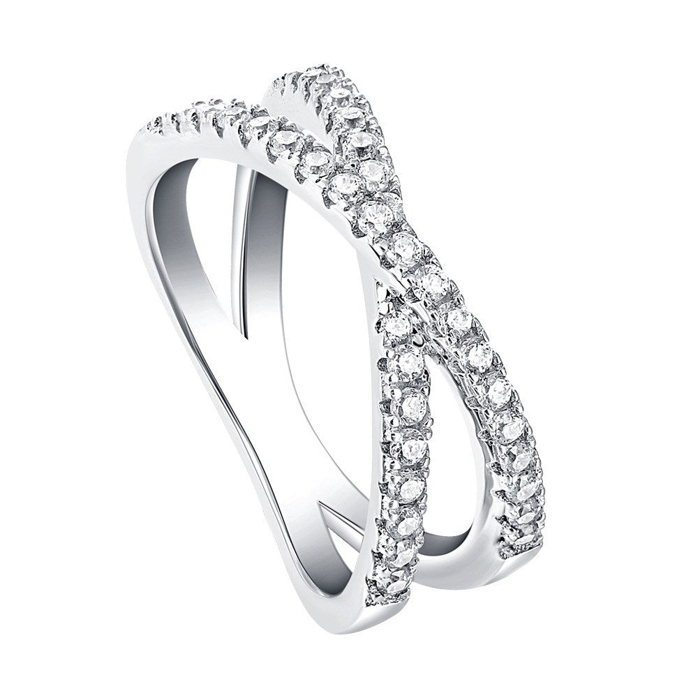 Sterling Silver Crossover Micropave Ring - HK Jewels