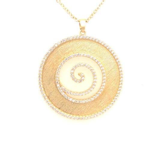 Brushed Gold Hollow Circle Pendant With Center Spiral Pavé - HK Jewels