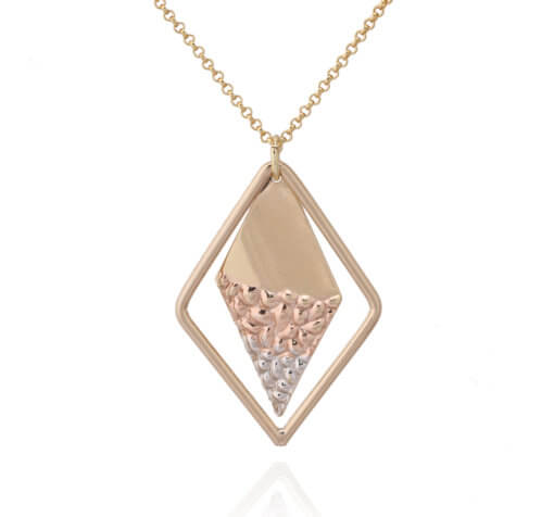 Tricolored Geometric Double Triangle With Hammered Pebbles Pendant - HK Jewels