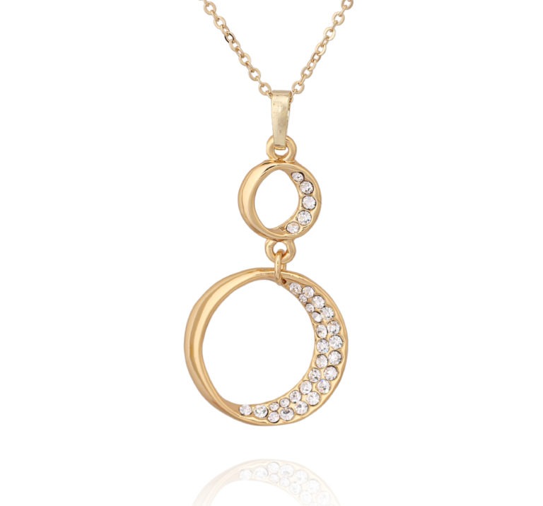 Gold Double Circle Pendant Partially Covered With Clear CZ Stones - HK Jewels