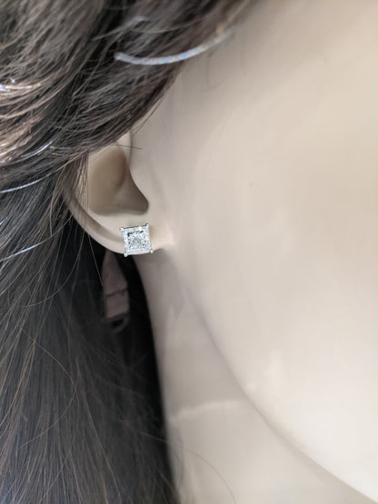 14K Gold And Diamond Framed Floating Square Center Stone Stud Earrings - HK Jewels