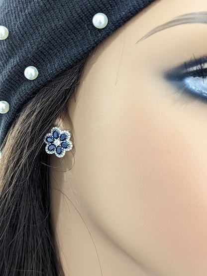 Sterling Silver Sapphire or Ruby CZ Flower Stud Earring